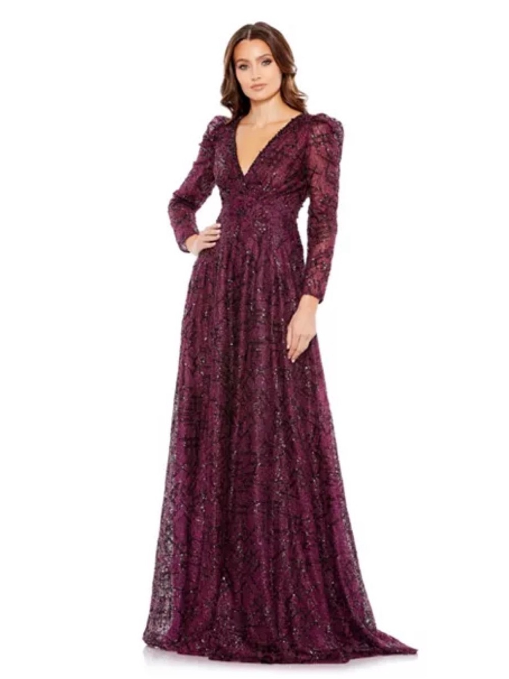 Mac Duggal Women's Embellished V Neck Long Sleeve A Line Gown Plum